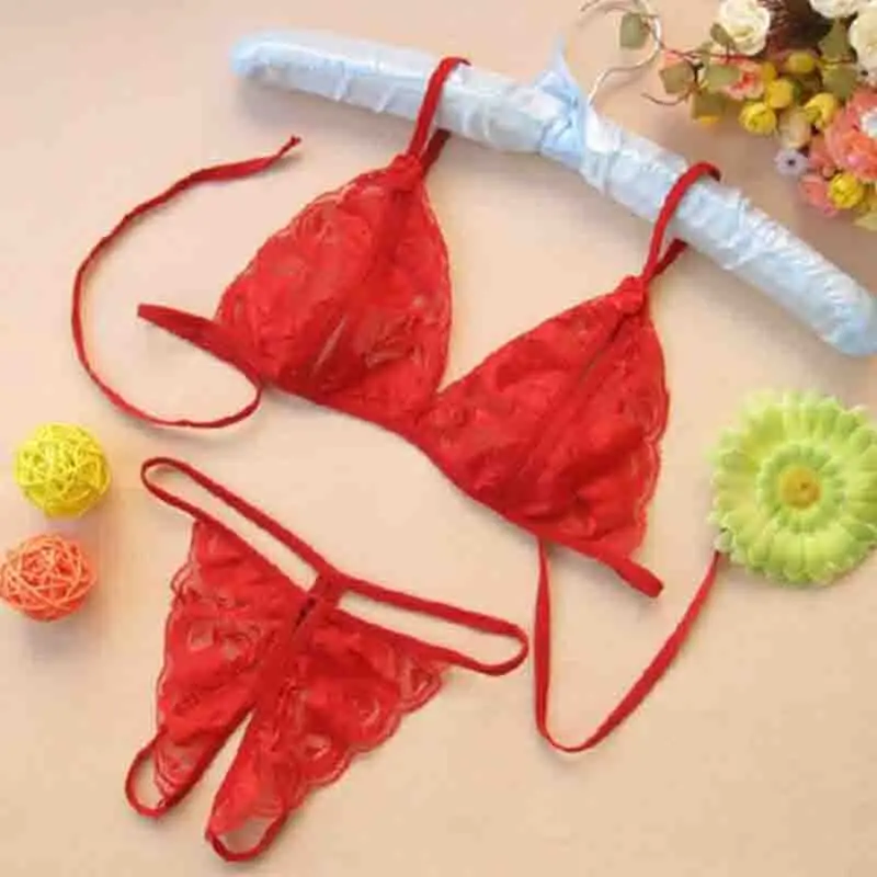 Sexy Lace-up Lingerie Set Women Hot Exotic Open Crotch Transparent Underwear G-string Bandage Bikini Three-point Set