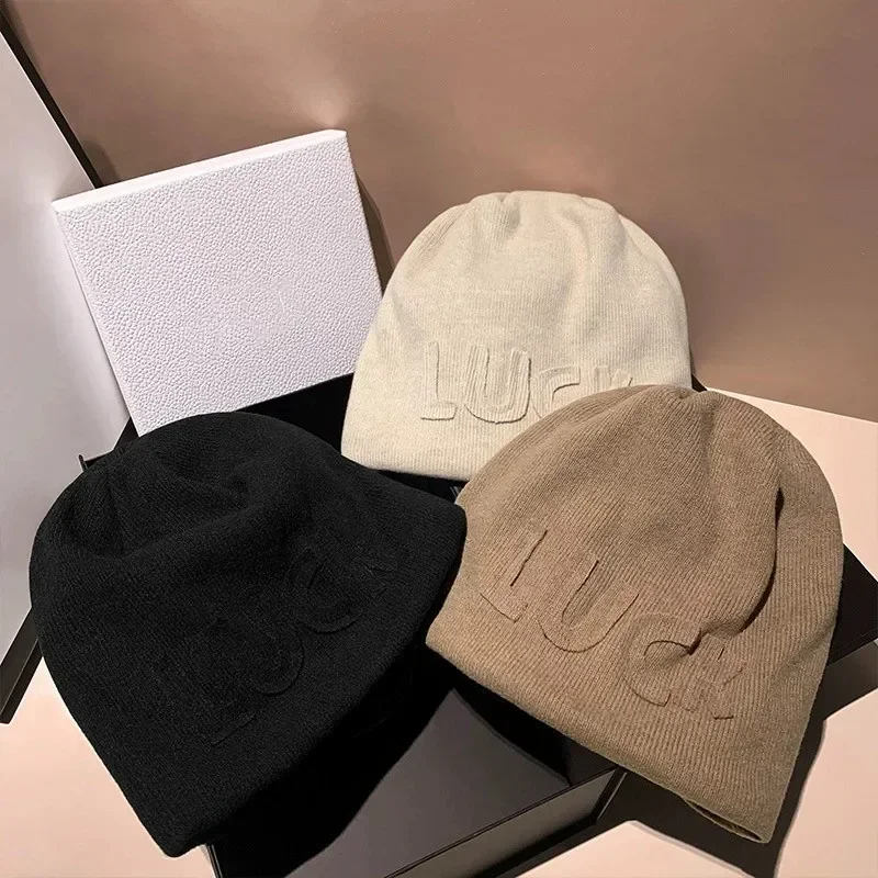 

New Fashionable Sticker Letter Stacked Hat Women's Warm Ear Protection Cap Big Headband Retro Knitted Woolen Hat MX1356