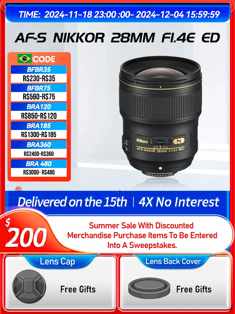 Nikon Nikkor AF-S 28mm F1.4E 28mm F1.8G 20mm F1.8G ED Full Frame Wide Angle Prime DSLR Camera Lens for D850 D780 D6 28 1.4（Used）