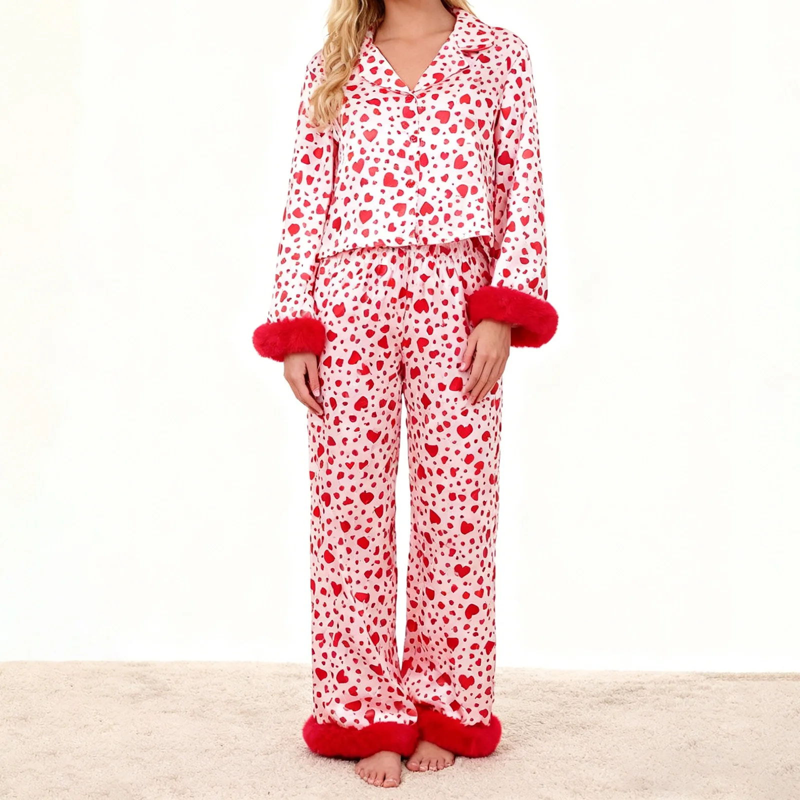 Women s Valentine s Day Pajamas Set Heart Print Button Up Long Sleeve Lapel Tops and Pants Lounge Wear 2 Pcs Set