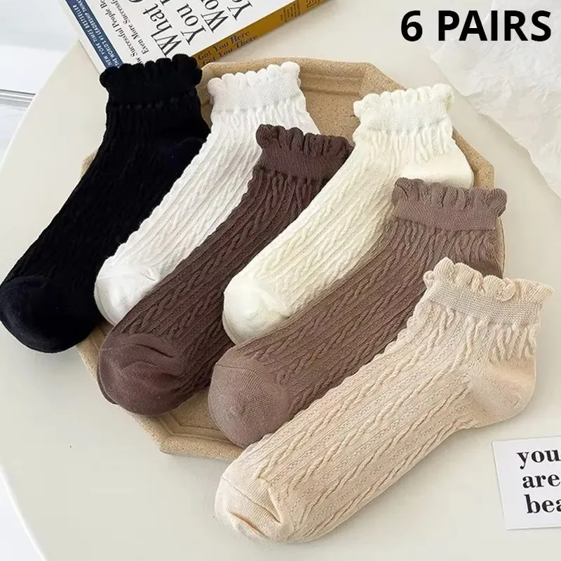 6 par damskich skarpetek koronkowych w jednolitym kolorze Sweet Fried Dough Twists Low Tube Socks Japanese JK College Style Korean Socks