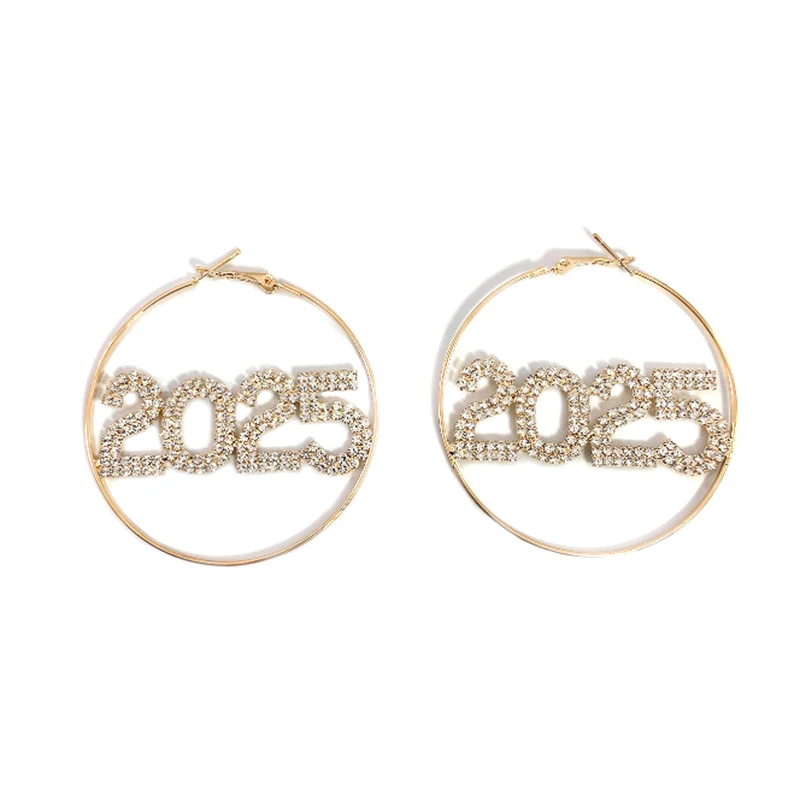 1pc 2025 Ring Earrings Fashion Full Rhinestone Digital Earrings Copper Material New Year Party