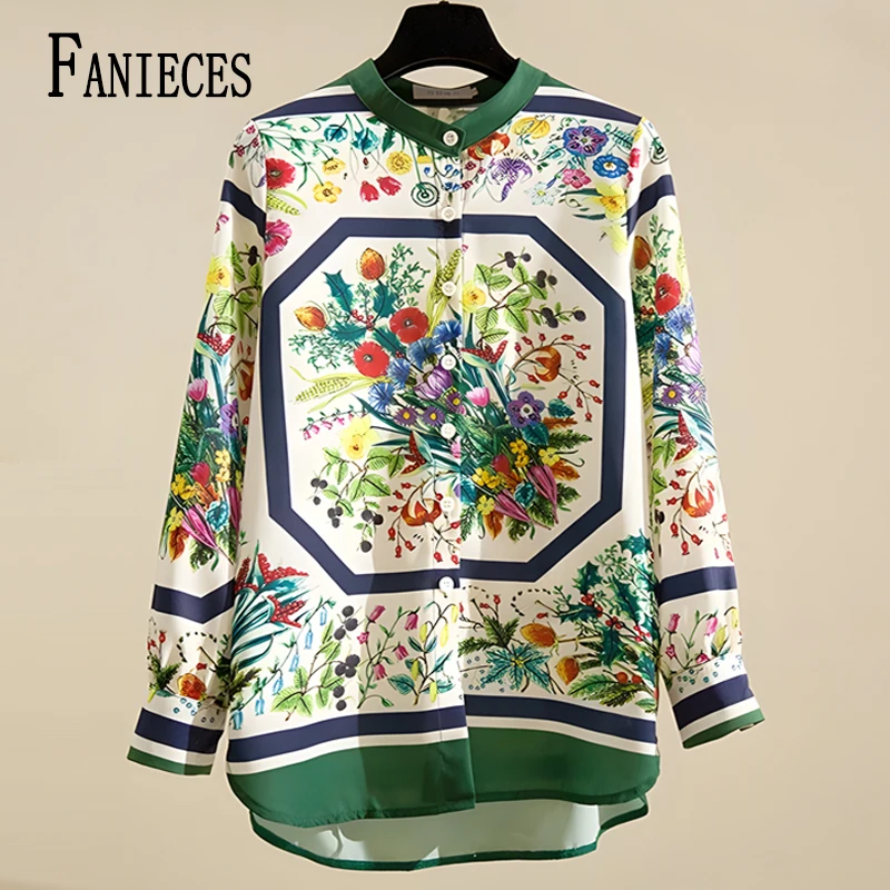 FANIECES S-3XL Spring New Women Baroque Print Chiffon Blouse Autumn Long Sleeve White Shirt Vintage Tops Feminina Blusa 6072