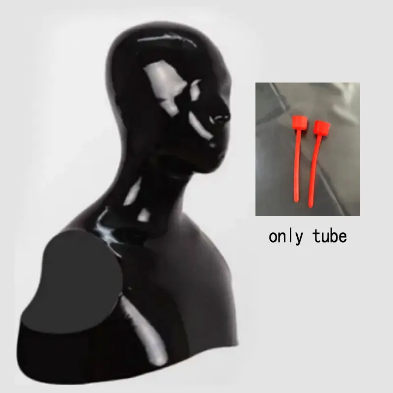 Sexy latex hood rubber fetish mask with Red Teeth Gag and 15cm long Nasal Tubes Latex Mask Full Face Exotic lingerie