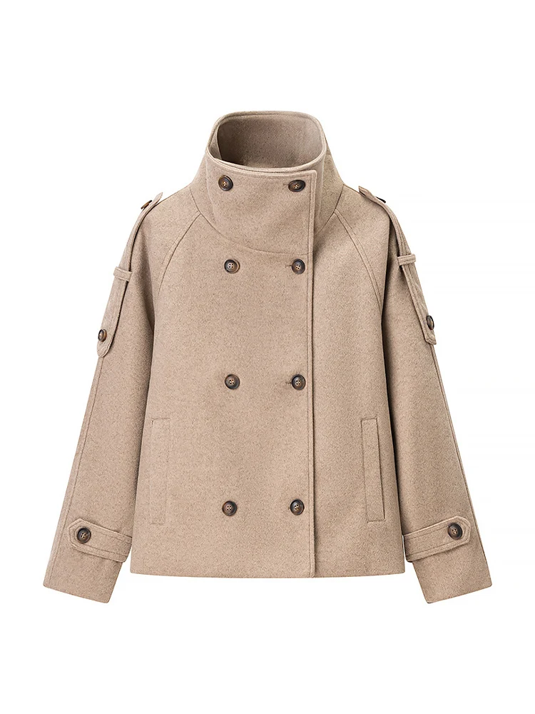 

Новое женское модное и универсальное однотонное двубортное шерстяное пальто с длинными рукавами в европейском стиле.