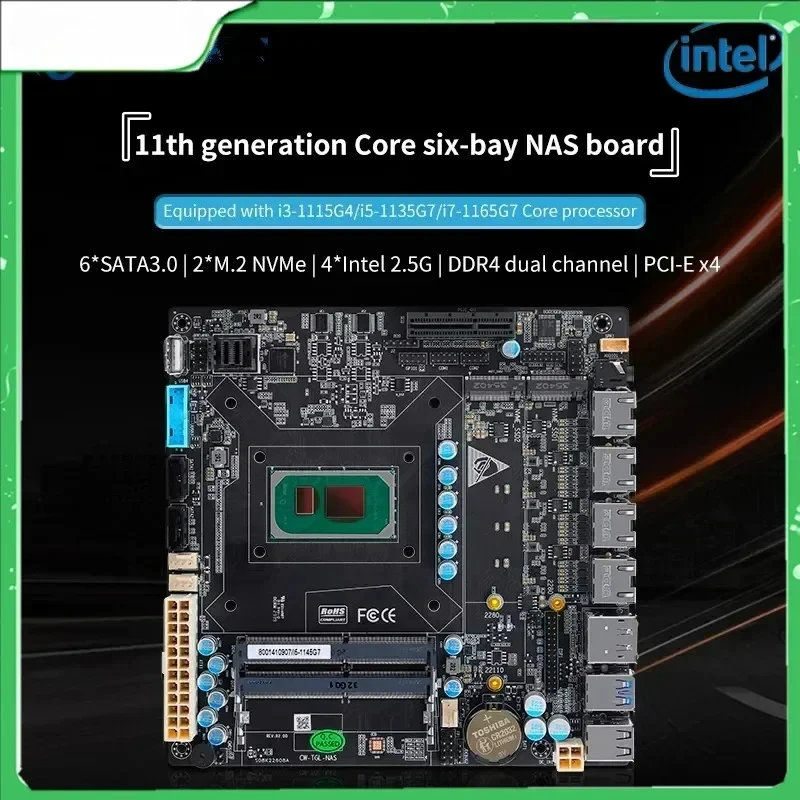 

6-этажная материнская плата NAS 11-го поколения Intel i7 1165G7 i5 1135G7 i3 1115G4 4x i226 2.5G 6xSATA 2xM.2 NVMe PCIEx4 Mini ITX Firewall Board