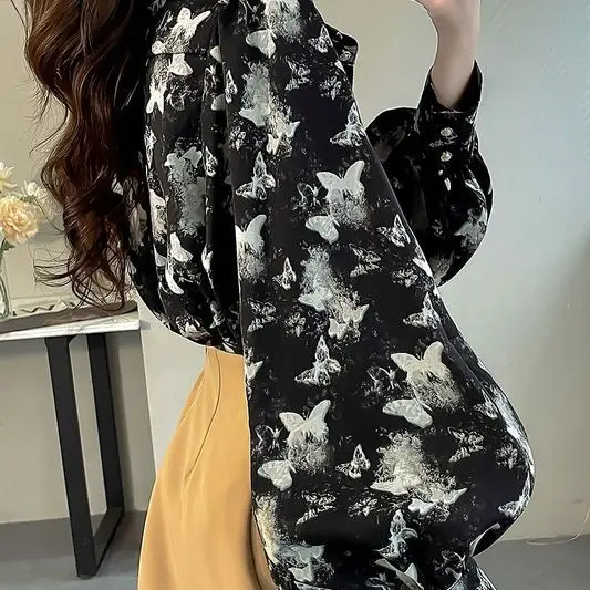 New Design with Loose Lantern Sleeves Women\'s Top Niche Butterfly Print Shirt Women\'s Age Reducing Chiffon Shirt