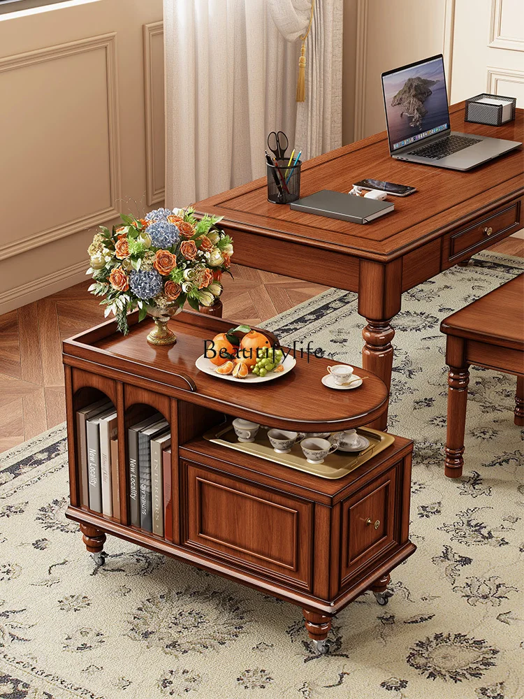 

6American retro solid wood tea table mobile wheeled small coffee table cart