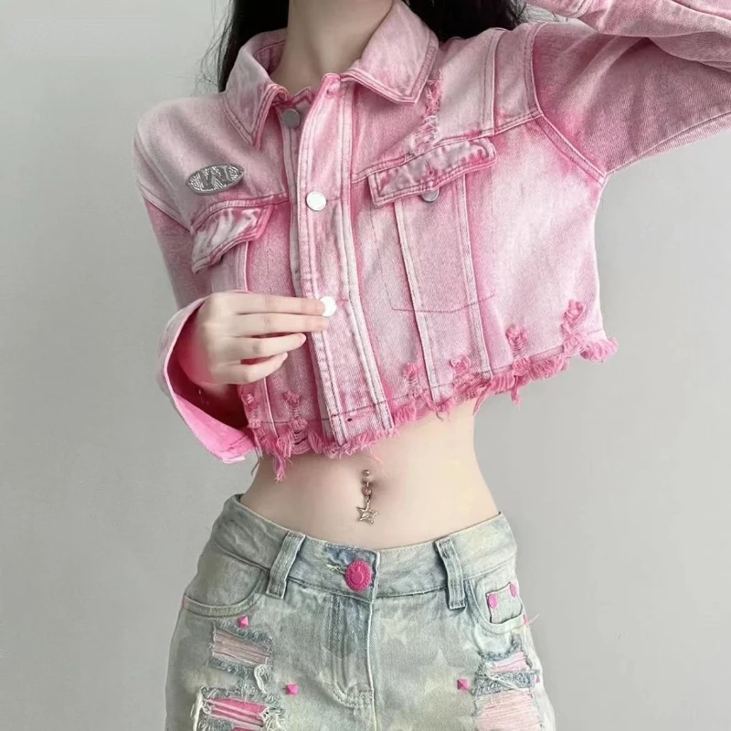 

Jackets Women Denim Pink Tie-dye BF Style High Street Autumn Feminino Simple All-match Crops Popular Design Chic Vintage Outwear