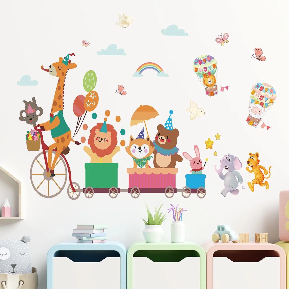 Cartoon Circus Cute Animal Bicycle Wall Stickers Self-adhesive Rainbow Hot Air Balloon Decals for Kids Room Home Wall Decoration