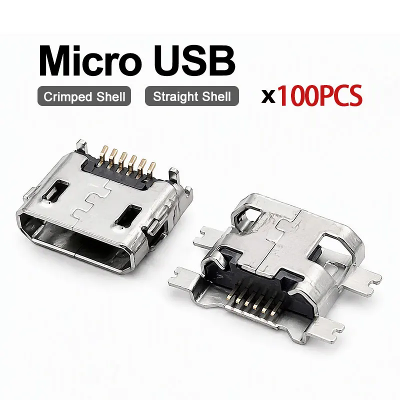 100/1000PCS Micro USB Android Female Charging Socket, Flat Edge Crimped Type, 5Pin, 4 Mounting Pins, SMD & DIP Tail Connector