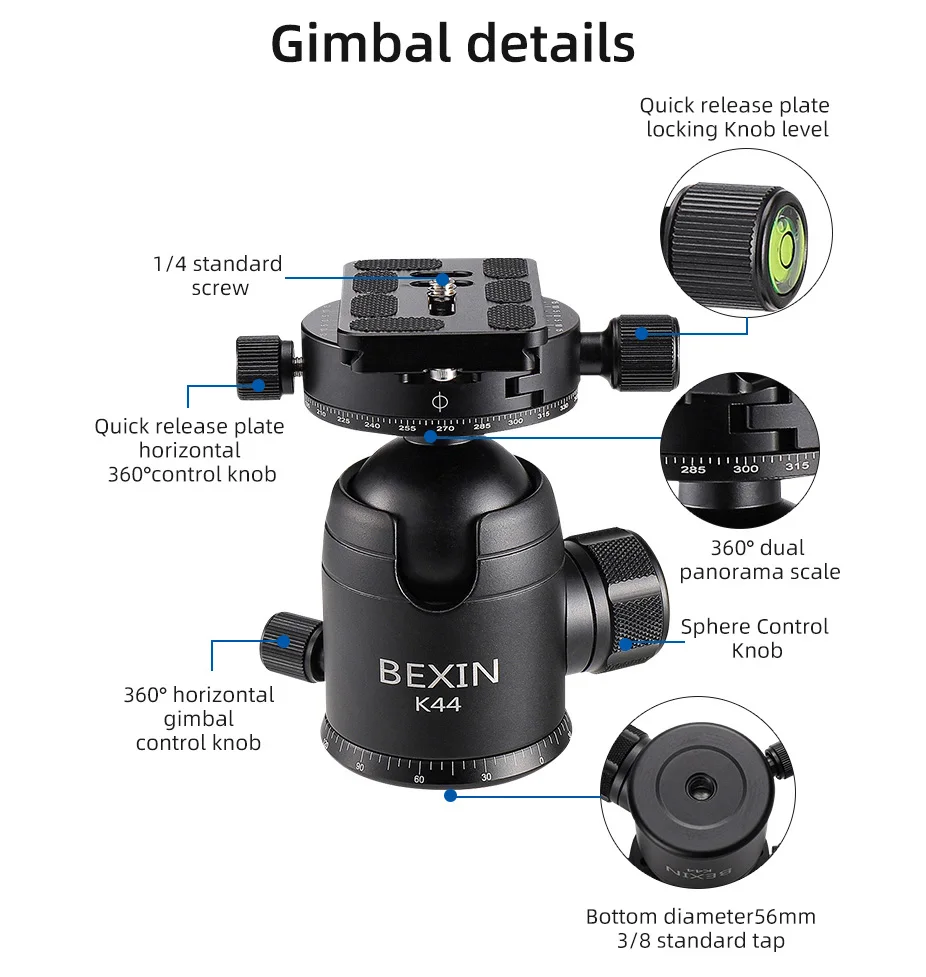 BEXIN K44 삼각대 볼 헤드 파노라마 볼 헤드 마운트 어댑터 U-그루브 로우 프로파일 볼 헤드 삼각대 마운트 최대 부하 33lbs/15kg New