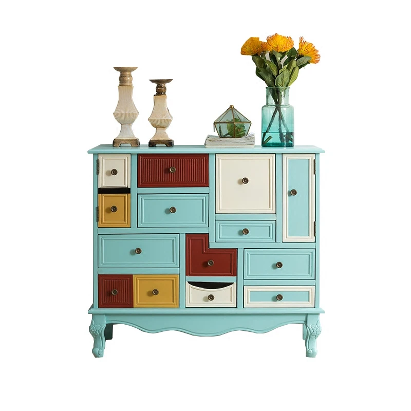 

Neoclassical chest table entrance foyer, pastoral painted solid wood decorative storage partition