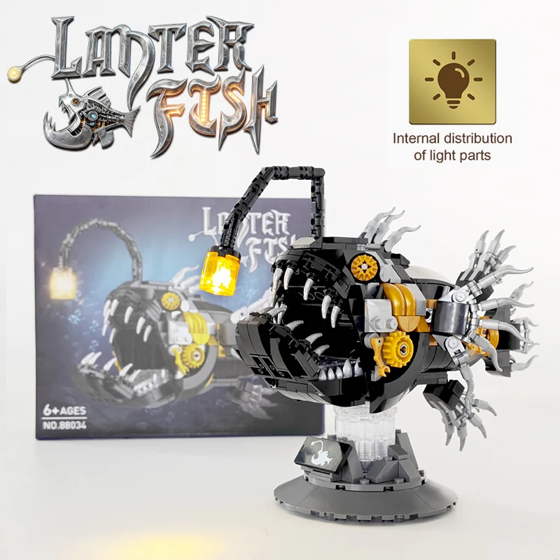 

In Stock Technical Mechanical Lantern Fish Building Blocks Model MOC Marine Life Assembly Bricks Toy Gift For Kid Children Adult
