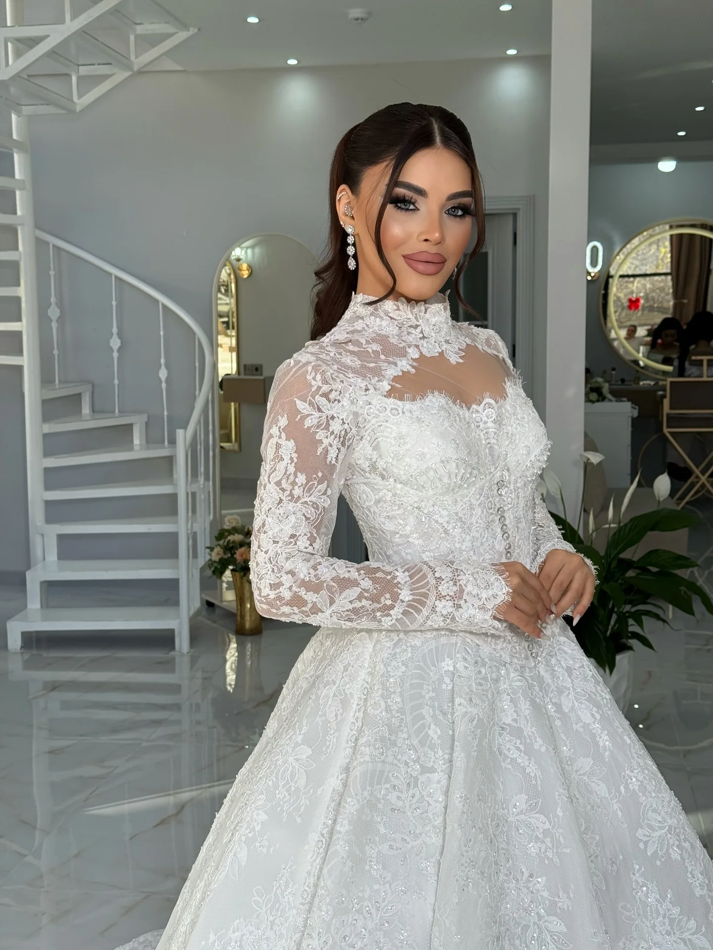 Customized High Collar Phantom Lace Long Sleeve Ball Dress Elegant A-line Dress Church Train Retro Princess Bride Dress image 6