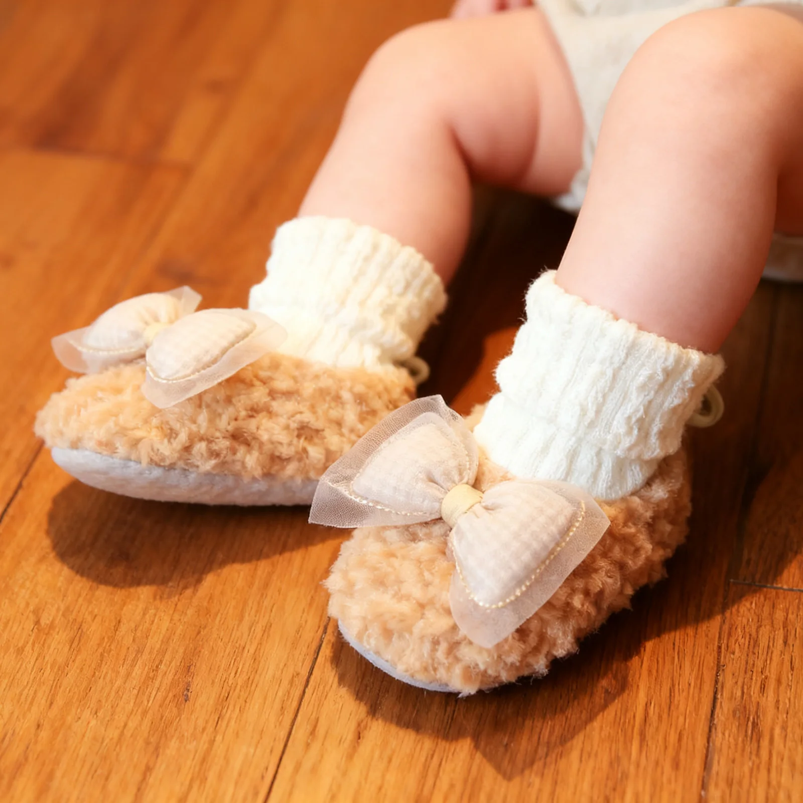 

Флисовые пинетки для маленьких девочек 0-18 месяцев, тапочки без шнуровки с бантом