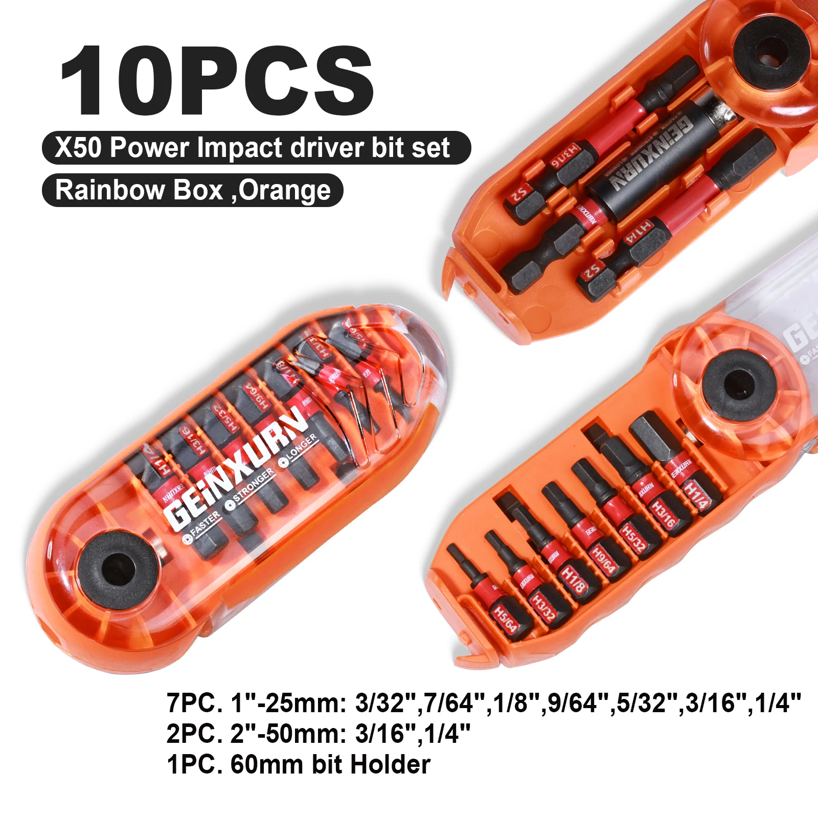 Geinxurn Impact Screwdriver Bits Set,10 Pcs Magnetic S2 Steel Multi Driver Bits with Storage M-Box (Orange)