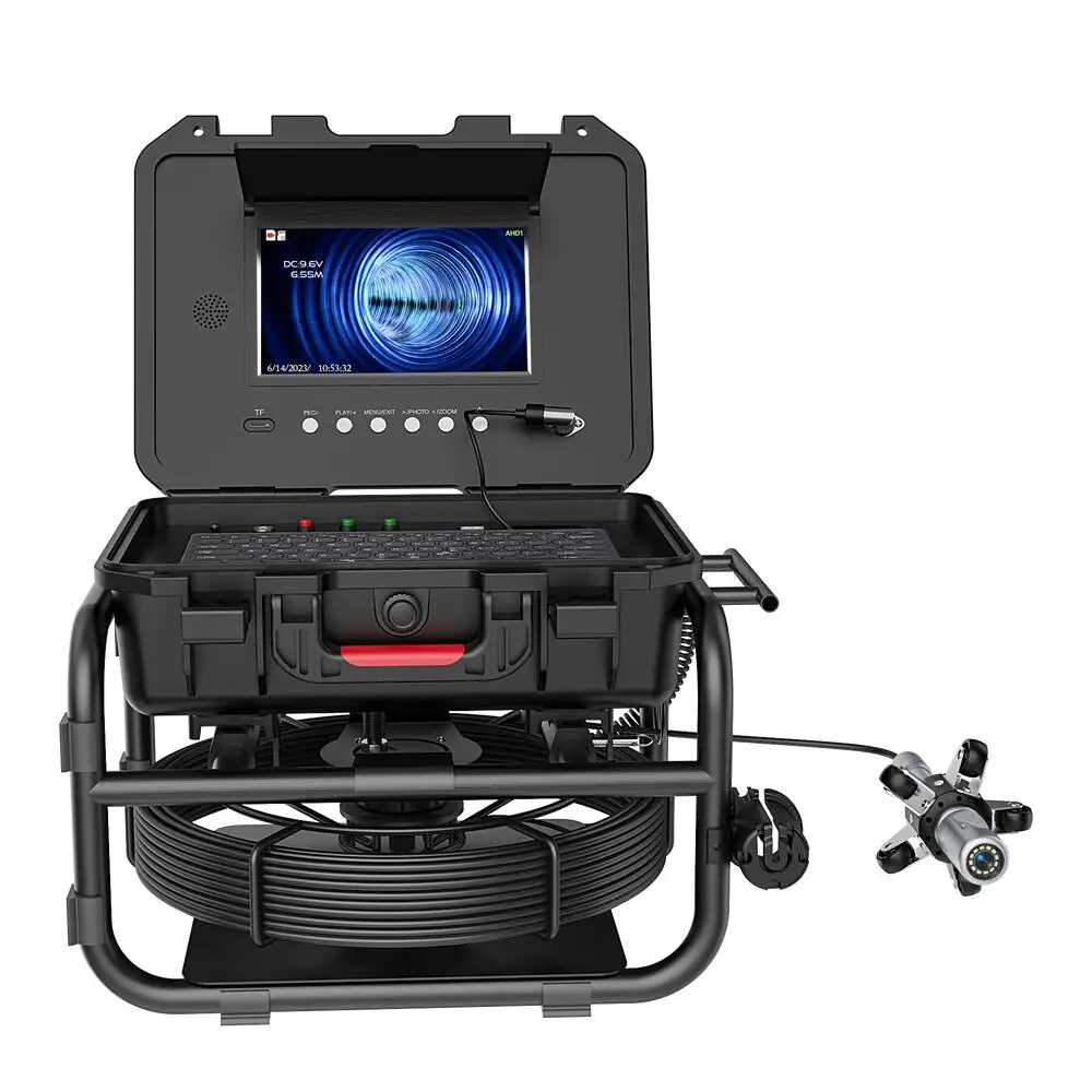 

7mm 50m Fiberglass Cable 360 Degree Sewer Camera with 9"Inch IPS 1080P Screen 512HZ Transmitter Meter Counter and Keyboard