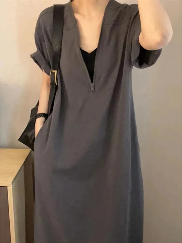 Rétro Hepburn Sle T-shirt coupe ample Dr été nouvelle grande taille 300 Pou fermeture éclair a-ligne Dr coréen taille haute V-Ne Long...