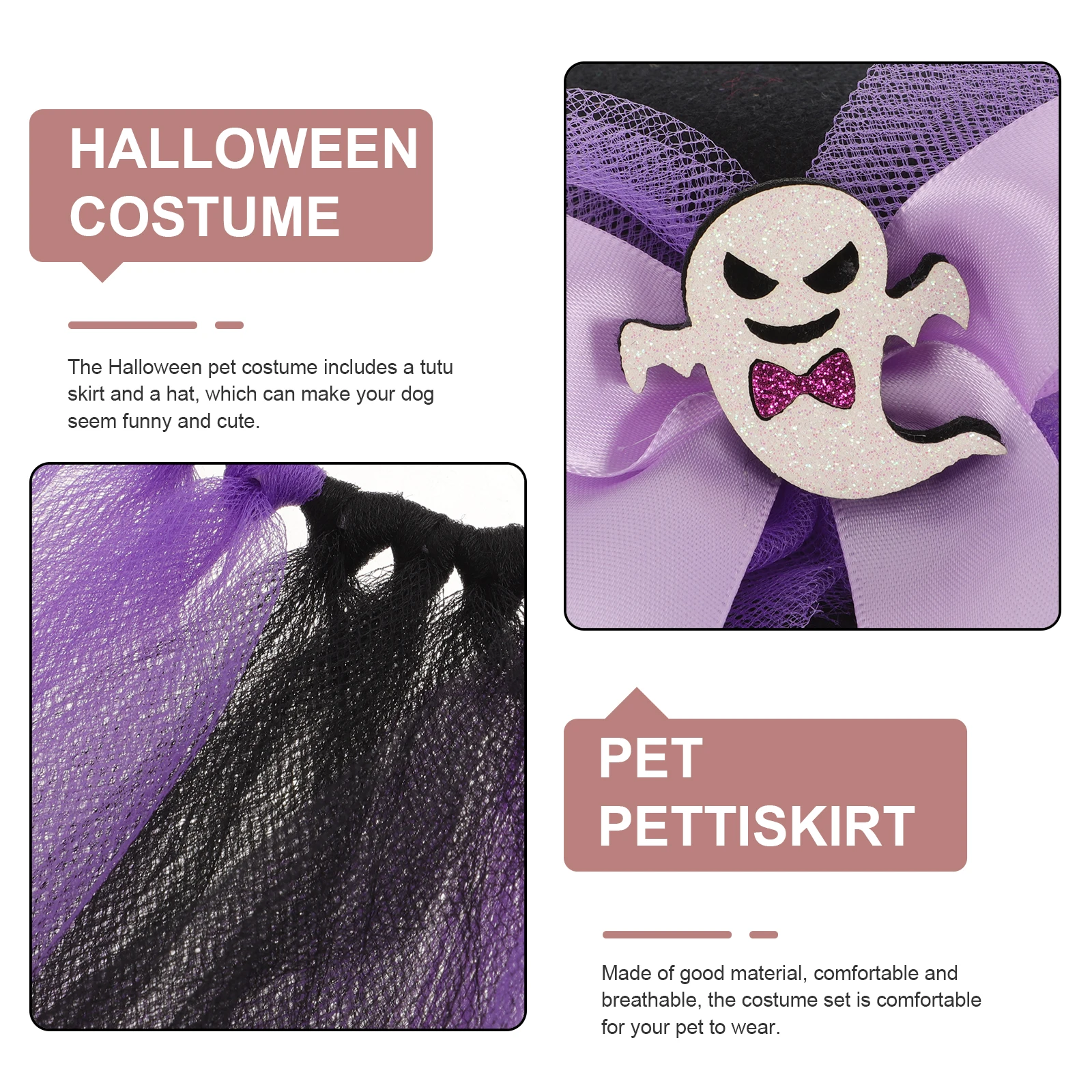 

1 set Purple Tutu Skirt Ghost Hat for Cat Halloween Costume Party Dress Up Pet SkirtHalloween Elements Dog Outfit Small Dog