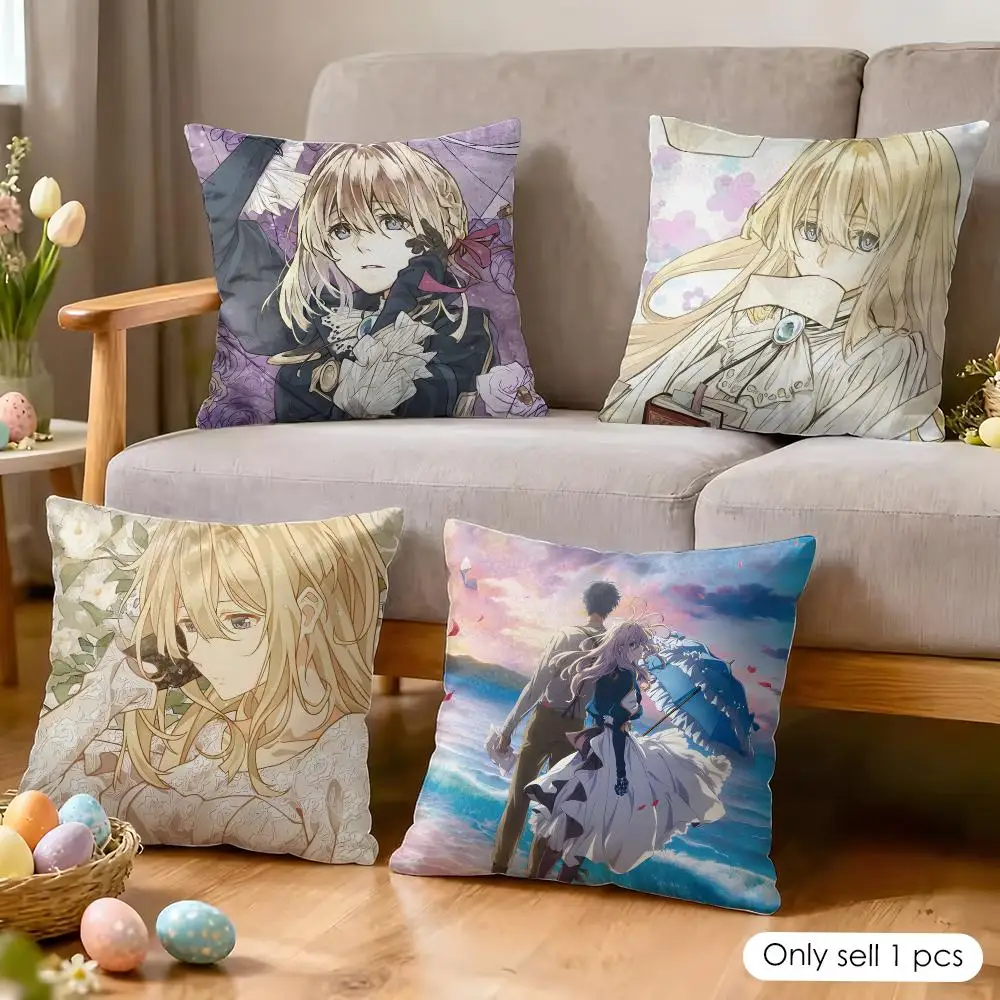 Anime V-Violet Evergarden Cushion Cover Wrinkle-Resistant Short Plush Pillow Case Breathable Machine-Washable