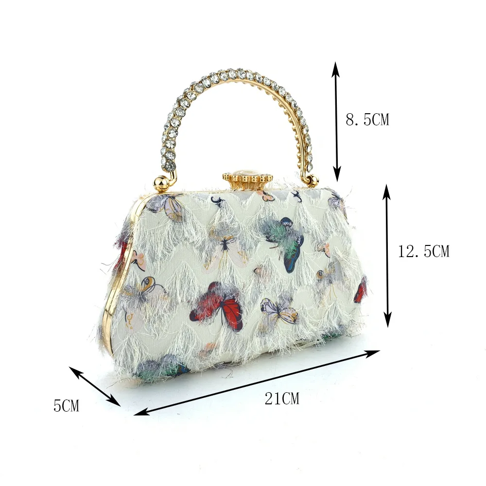 Fine Fashion Butterfly Embroider Evening Bags Metal Rhinestone Handle Handbags For Women Wedding Party Tassel Small Clutch Purse