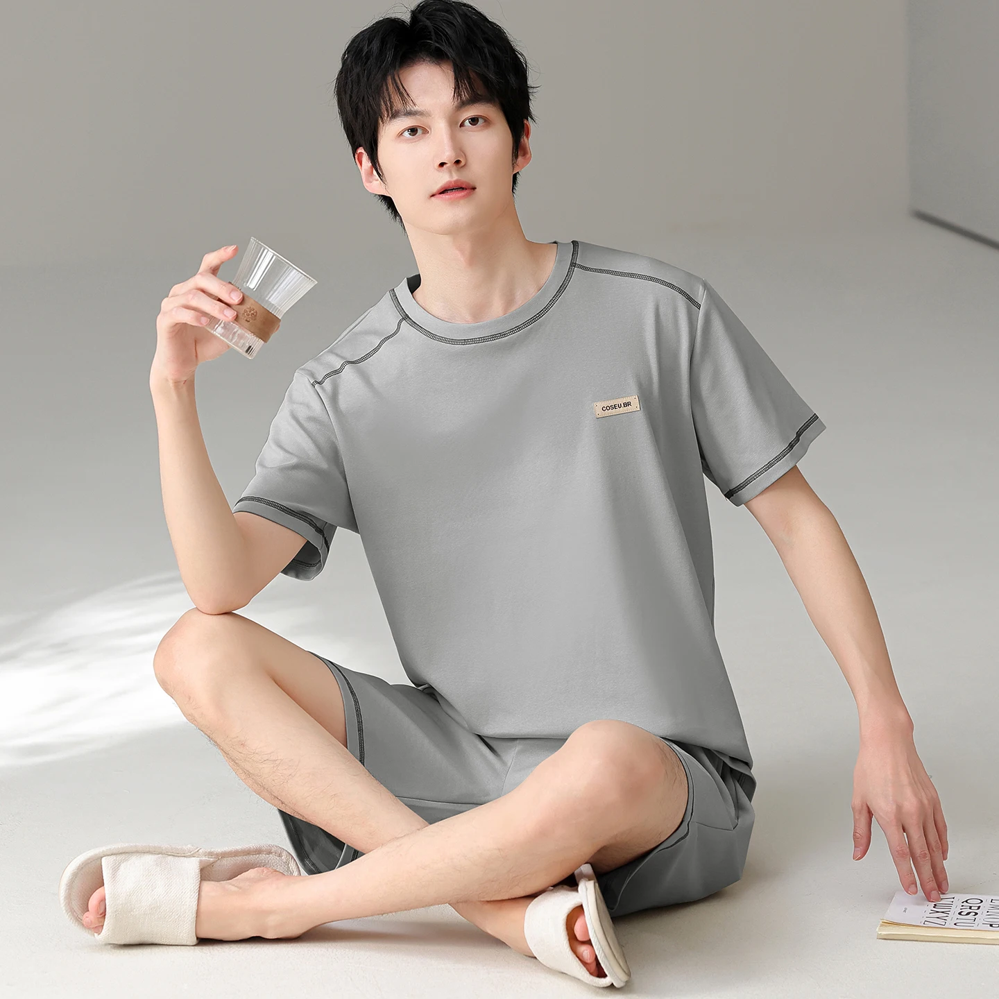 

Summer Cotton Men Pajamas Set Short Sleeve Round Neck Male Sleepwear Casual Soft Loose L-7XL Mens Pyjamas