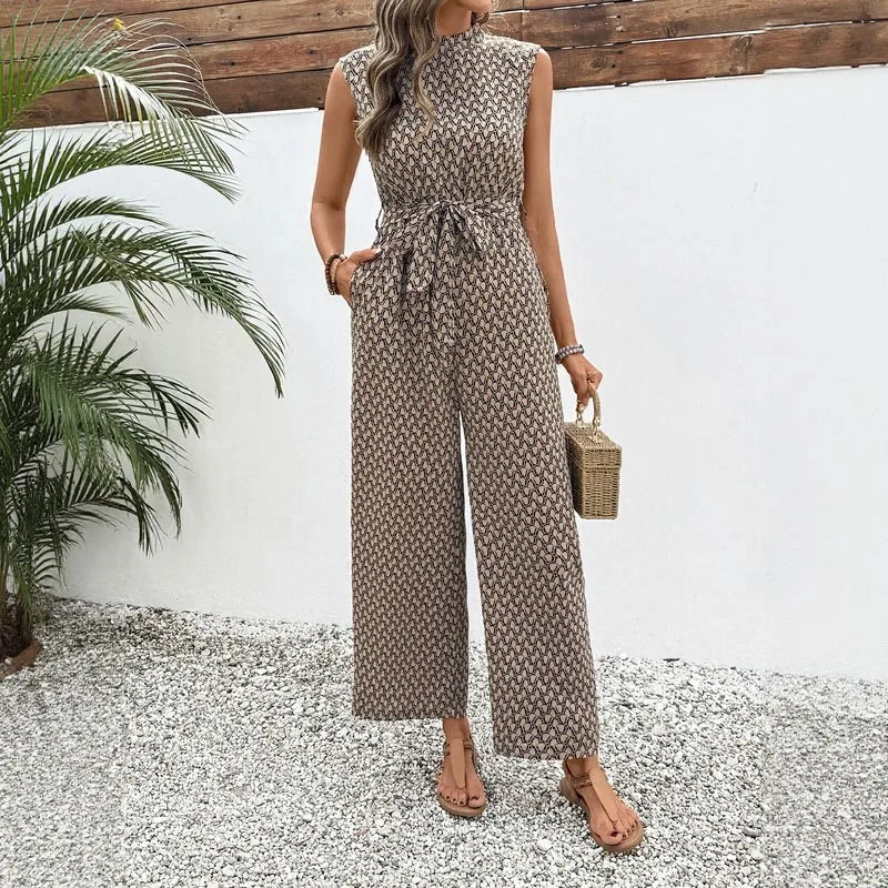 Female Summer Printed Clothing Fashion Sleeveless Lace Up Design Jumpsuit With Pocket Lady Foreign Style O-neck Office Jumpsuits