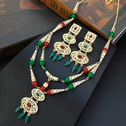 Sunspicems Chic Algeria Jewelry Hand Bead Chain Necklace Drop Earring for Women Natural Stone Arabic Bride Wedding Jewelry Sets