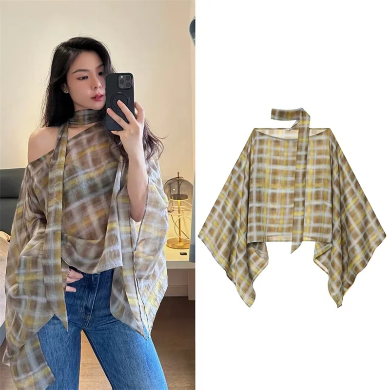 

Women's Top 2025 Fall New Style Yellow Plaid Long-Sleeve Pullover Cape Top with Scarf Decoration Casual Fashionable Sexy