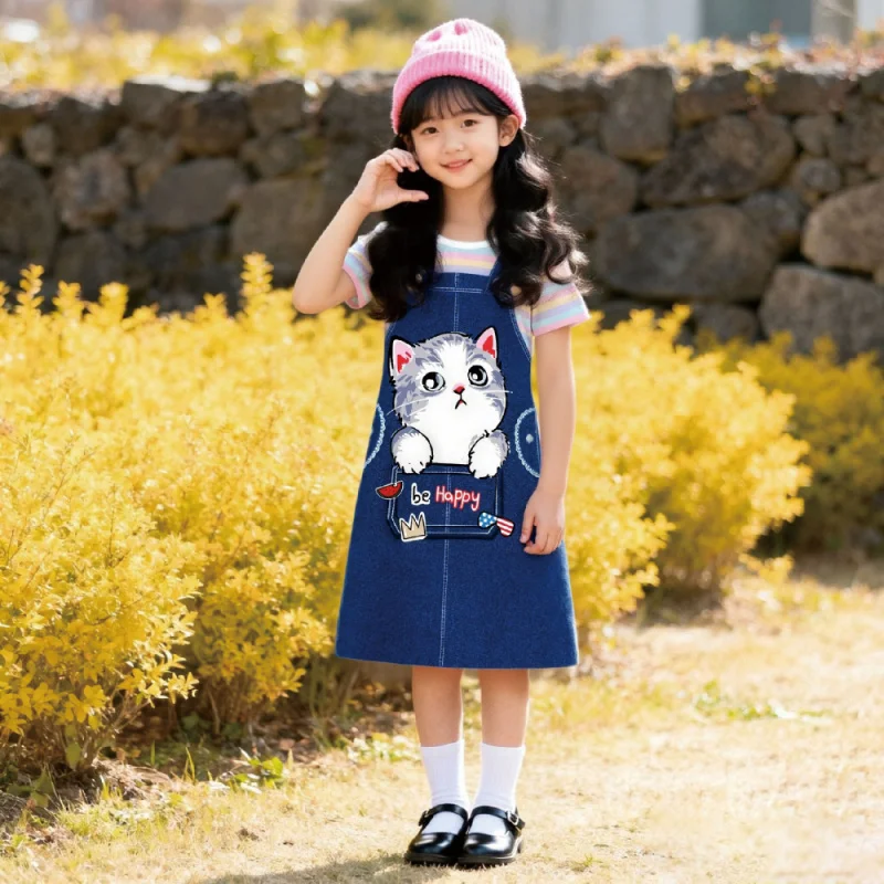 

2025 new product, girls' imitation denim striped fake two-piece dress