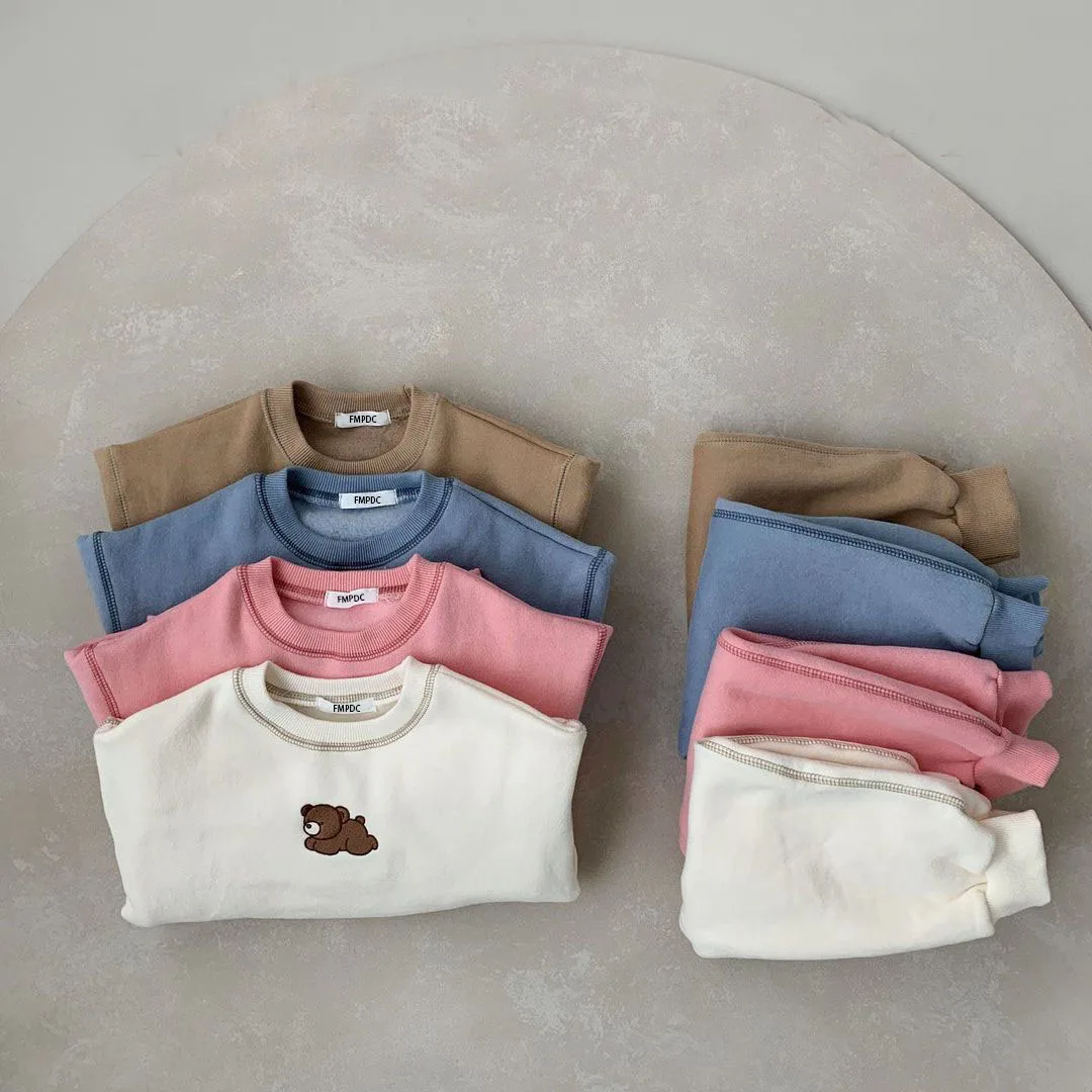 Newborn Baby Girls Boys Solid Color Clothes Set Bear Embroidery Long Sleeve O-neck Tops + Long Pants Kid Clothing Accessories