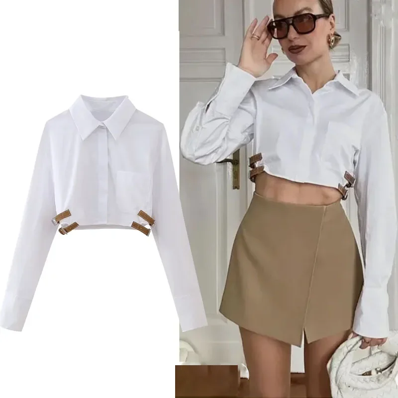 ASDs belt crop shirt Women button up white shirt woman fashion collared cropped shirts blouses streetwear spring long sleeve top