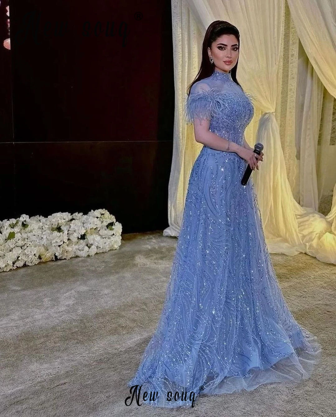 High Neck A Line Beaded Stage Prom Dress Arabic Host Gowns Long Evening Dresses Feather Luxury Wedding Party Gowns Customized