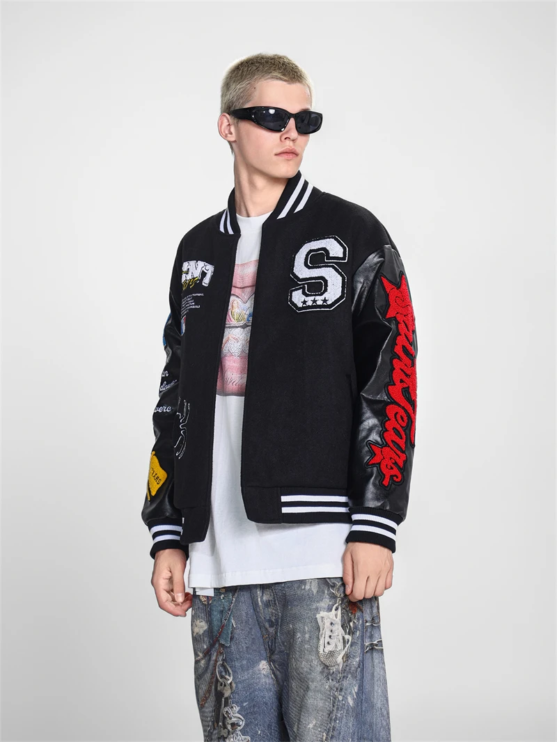 الخريف الشتاء سانت مايكل خمر الأمريكية عادية فضفاض التصحيح سترة مطرزة تحلق البيسبول معطف الشارع الرجال المعتاد #5