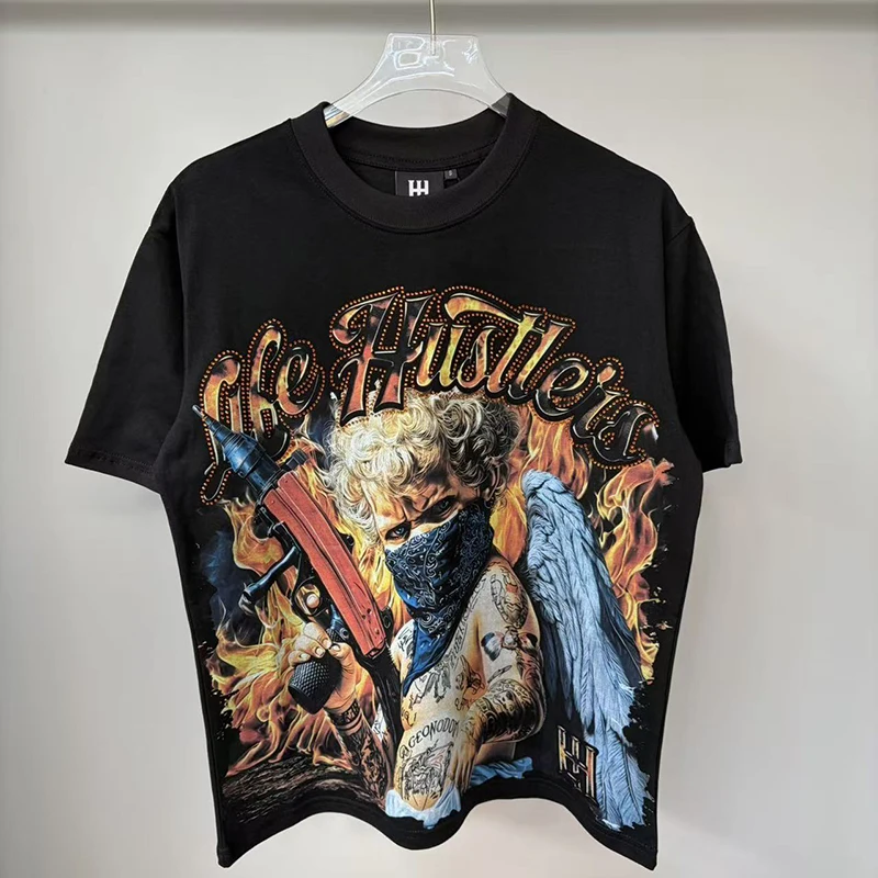 2026 New LIFE HUSTLERS Short Sleeve American Flame Angel Printed T-shirt Summer Men's High End Loose LIFE HUSTLERS Top