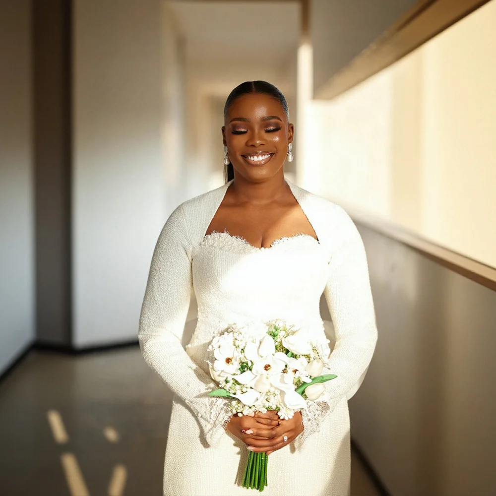 Sweetheart Mini White Wedding Dresses 2026 With Lace Long Sleeve Beaded Aso Ebi robe de mariée courte civil femme Customized