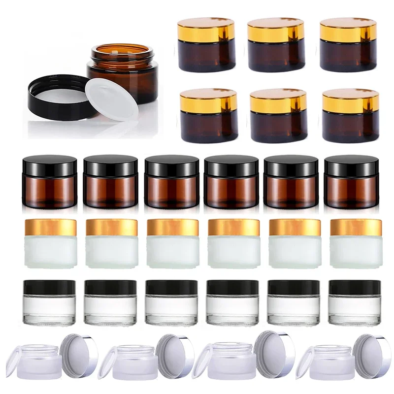 

10Pcs 5g-50g Clear Amber Frosted Round Glass Jars With Inner Liners Silver Black Gold Lids For Lip Balm Lotion Cream Eye shadow