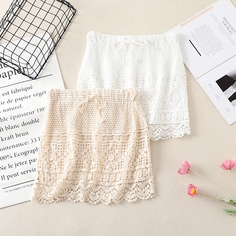 High Waist Knitted Hollow out Straight  Skirt Beach Vacation Short Skirt Versatile Pencil Skirt Polyester Cotton Blend