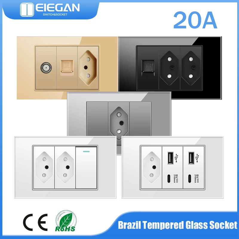 

Brazil Standard 118*72mm Type C Usb Wall Outlet Glass Panel AC 110V-240V AC 250V 20A BR Power Socket with Light Switches