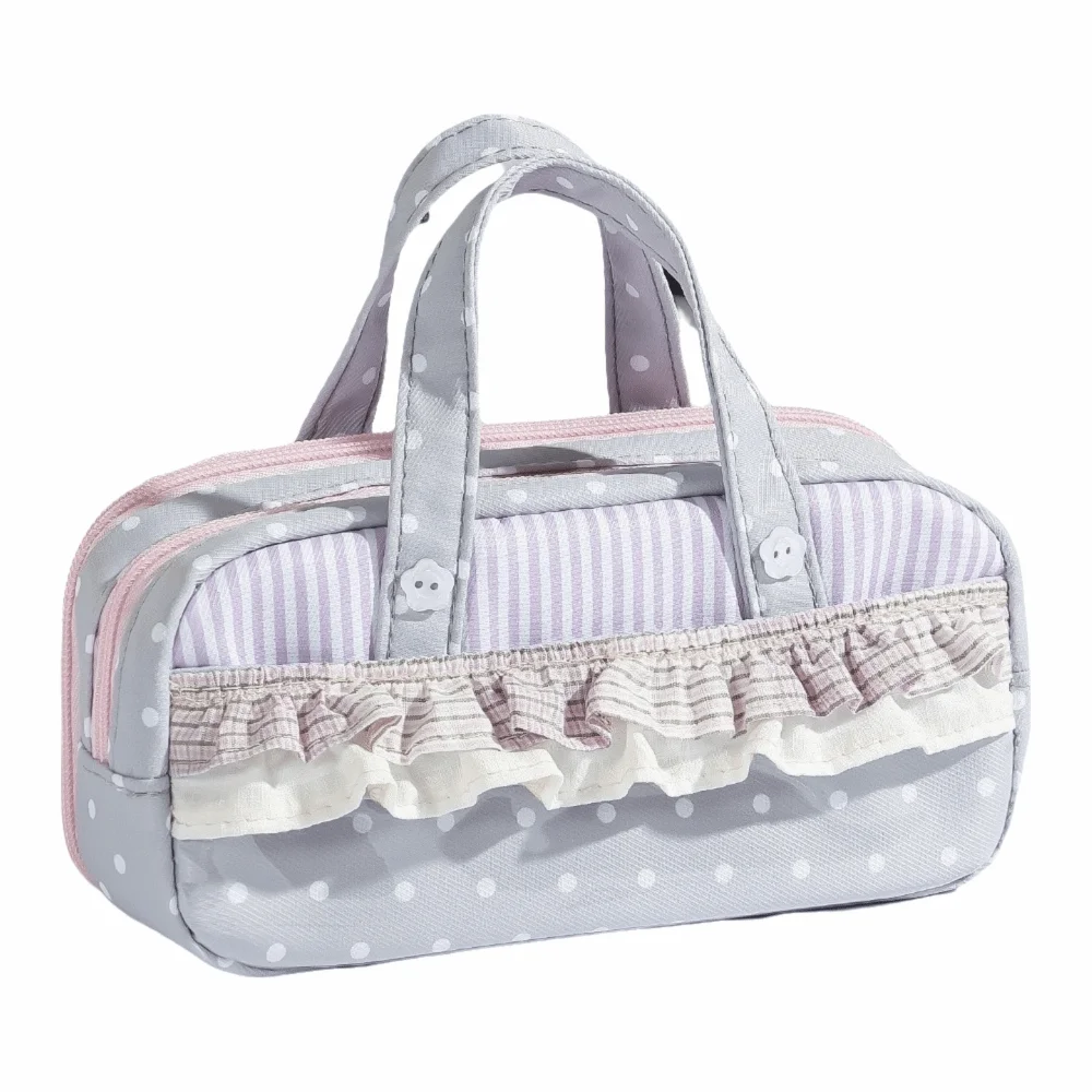 Ruffle Lace Trim Pencil Case Multi-Layer Polka Dot Print Pen Bag Handheld with Clear Window Stationery Organizer School Supplies