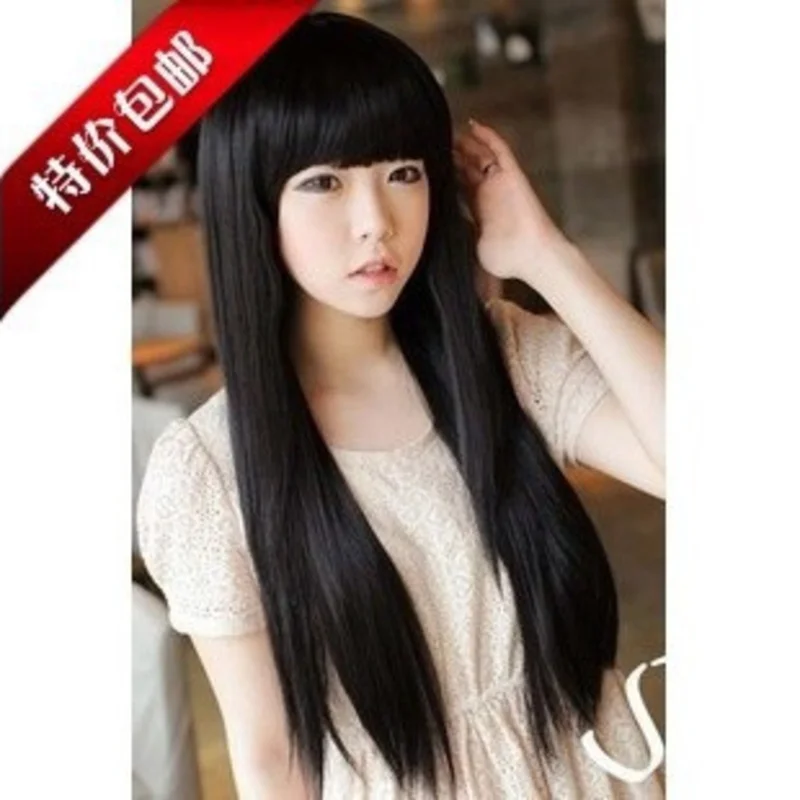 

Women's wig long black straight hair for cosplay, anime, and European/American performances, with bangs, made of high-tempe