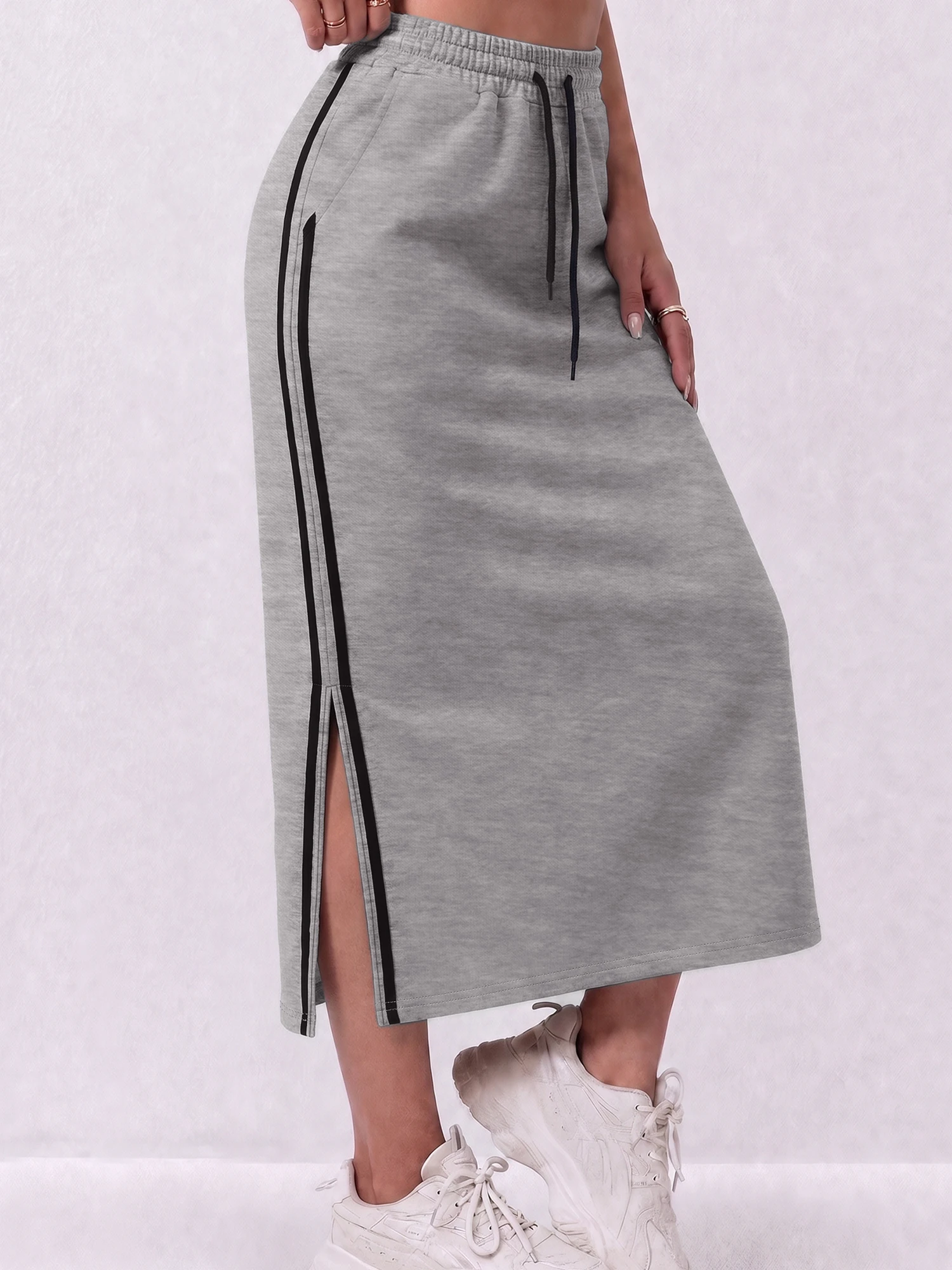 Athleisure Midi Skirt with Side Slit, Adjustable Drawcord, Outdoor Activity & Casual Daily Wear