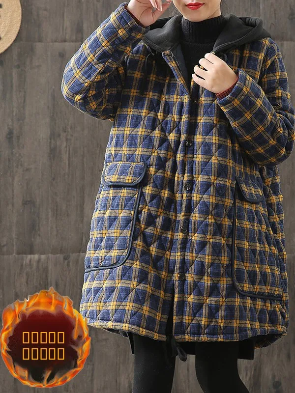 

Thiened Large Size Cotton Jaet with Hood Artistic Sle Warm Plaid Design Autumn Winter New Arrival Loose Fit Cotton Coat