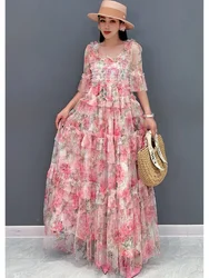 Vefadisa 2024 Summer New Ladies Pink Dress Pleated splicing Flare Sleeve Dress Patchwork folds Women Dress HLX285