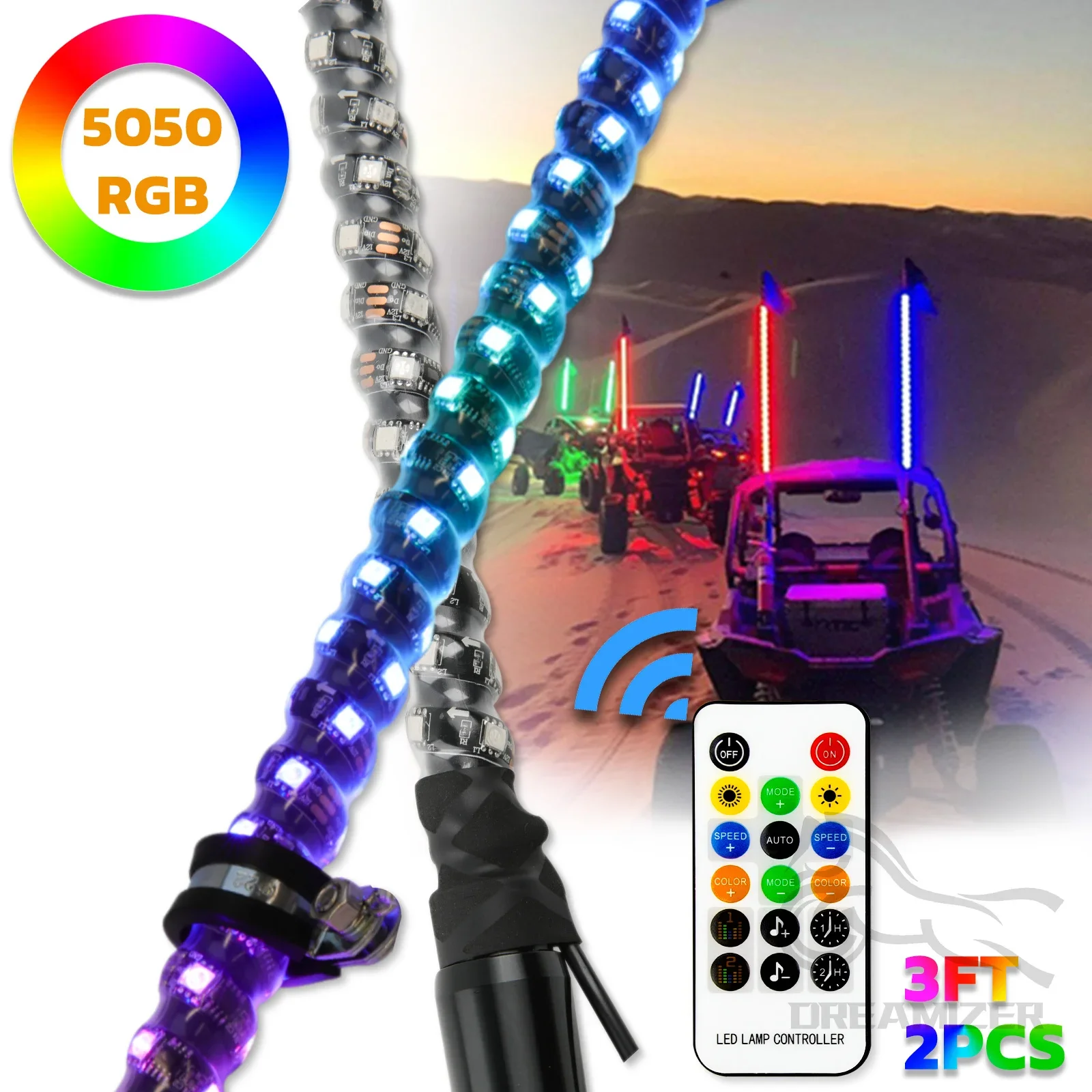 2PCS 3/4FT LED Whip Light Bluetooth Remote Control Colorful Antenna Whip Light for Polaris RZR for Can-Am Maverick X3