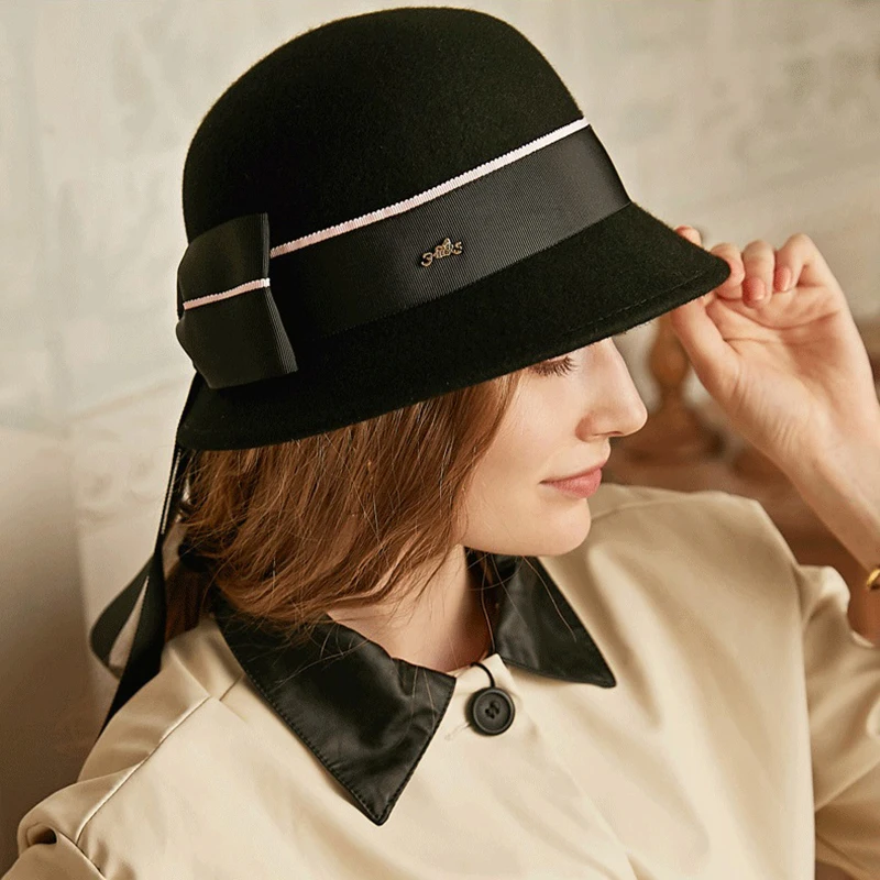 Women's Fedora Hat With a Bow Winter 100% Wool Elegant Fascinator Felt Hats Round-top Ladies Hat Wedding Party Fedoras Female