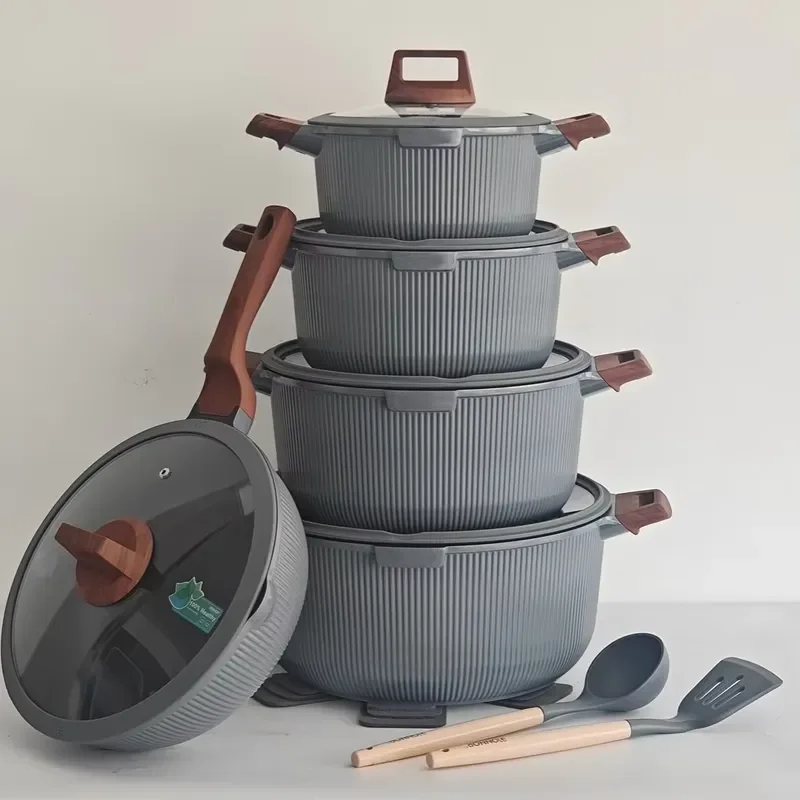 15PCS Aluminum Vertical Pattern Soup Pot Frying Pan with Kitchen Utensils Double Bottom Non-Stick Cooking Set