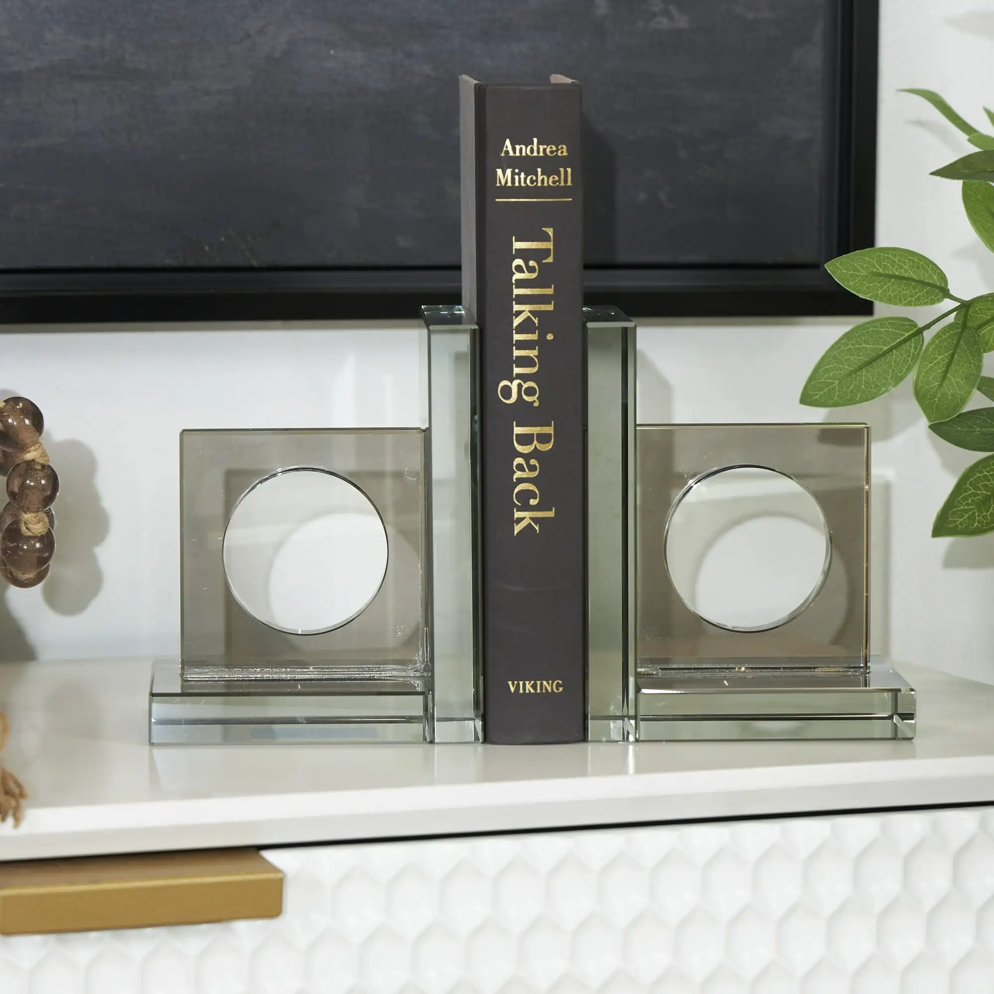 

The Novogratz 5" Square Geometric Silver Crystal Bookends with Circle Cut Outs (Set of 2)