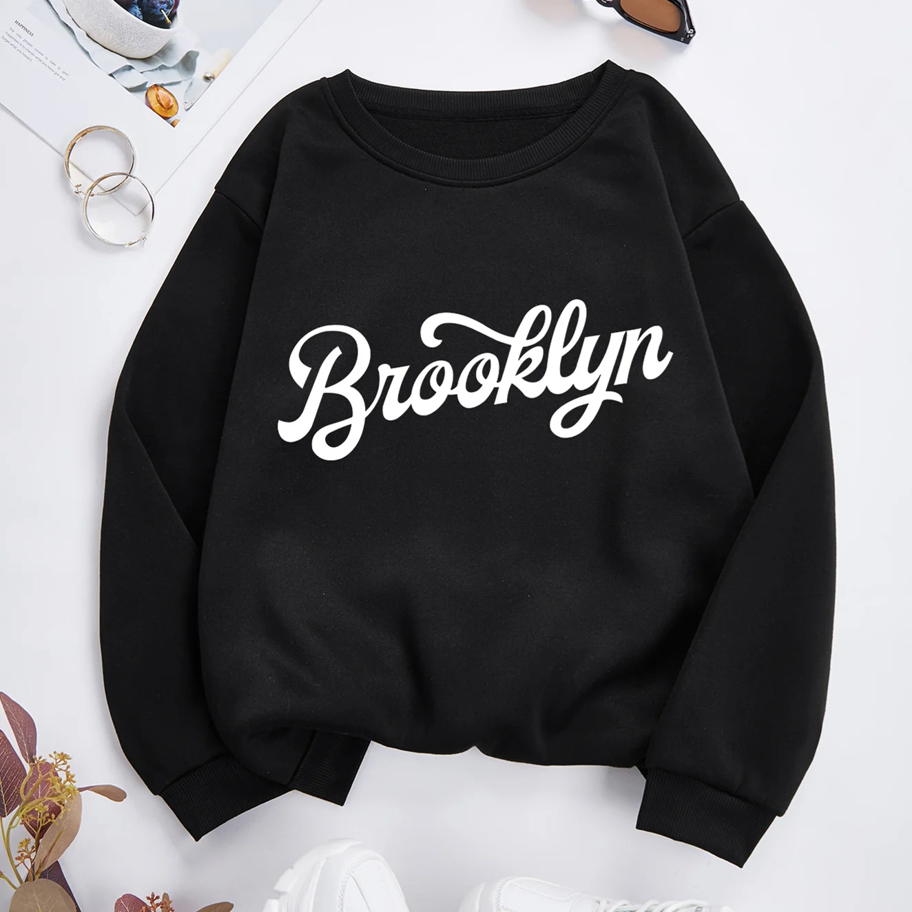 Brooklyn Letter Print Chic Women  Round Neck Sweatshirt Neck Casual High Street Winter Autumn Female Pullover